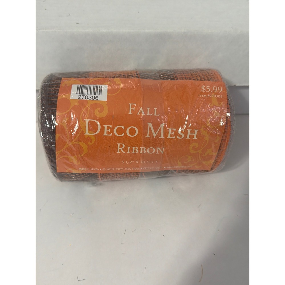 Hobby Lobby Fall Deco Mesh Ribbon Orange Brown Striped 5.5 Inch x 30 Feet
